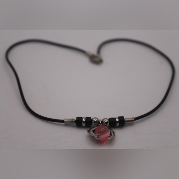 Minimalist Pink and Black Necklace with Silver Dolphins and Rubber Cord - Picture 1 of 5